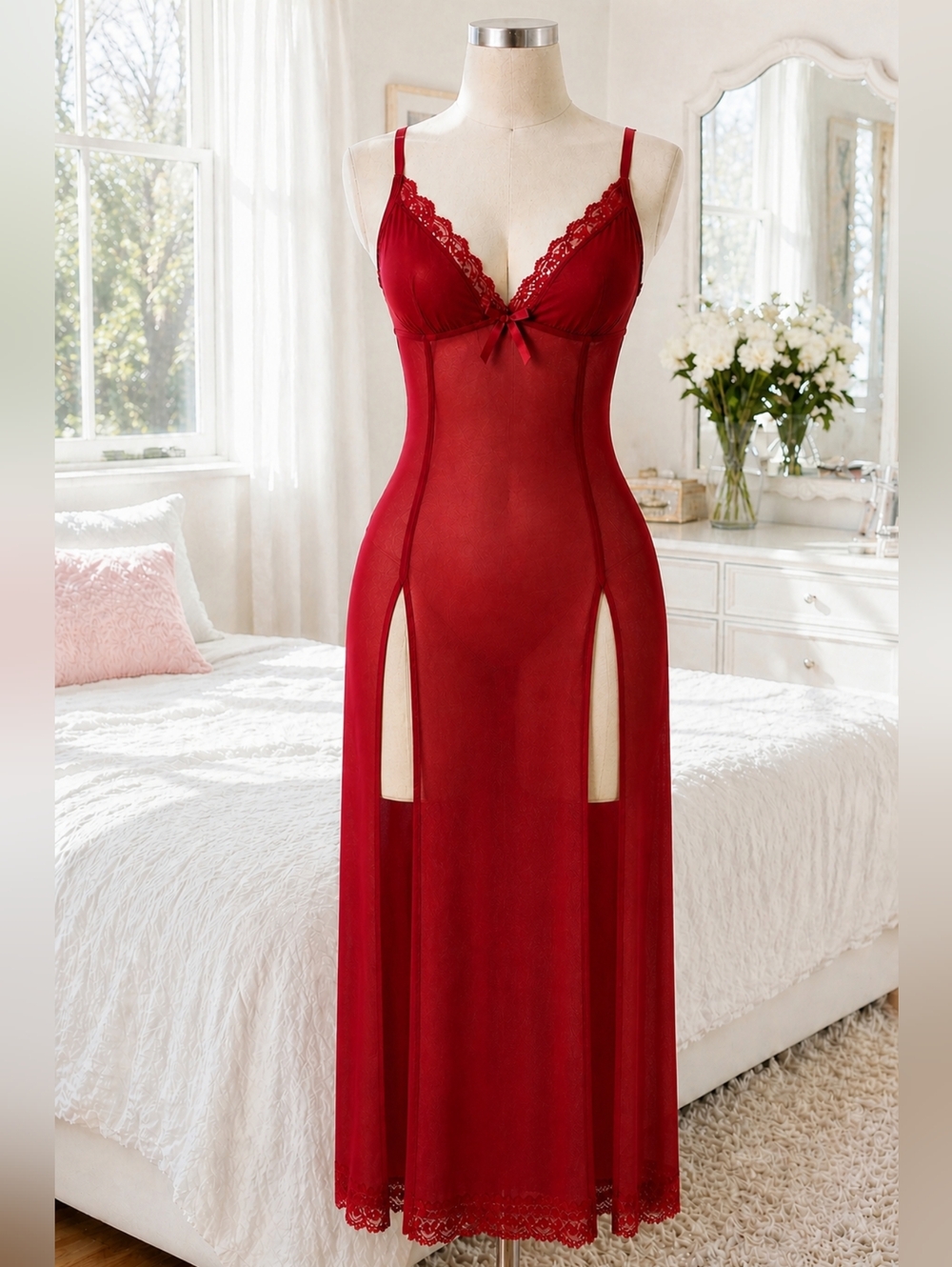 Women’s Sheer Lace Trim Long Red Nightgown with Bow Accent